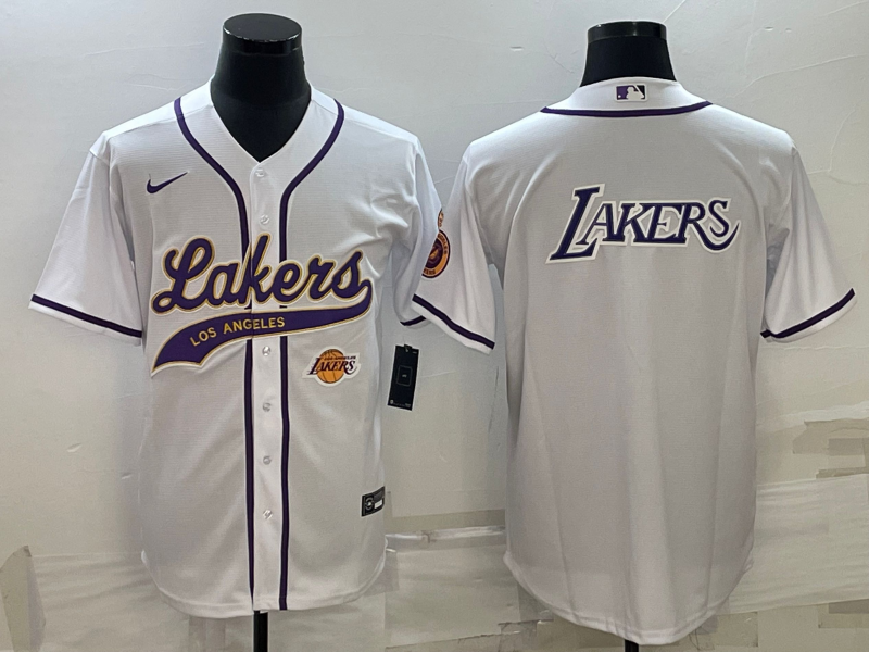 Men's Los Angeles Lakers White Team Big Logo With Patch Cool Base Stitched Baseball Jersey Men's Los Angeles Lakers White Team Big Logo With Patch Cool Base Stitched Baseball Jersey